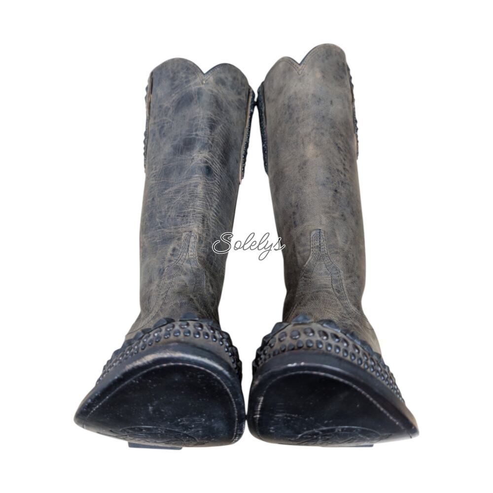 Lucchese RARE Mad Dog Wingtip Studded Grey Distressed Western Cowgirl Boots 7.5B - Picture 9 of 11